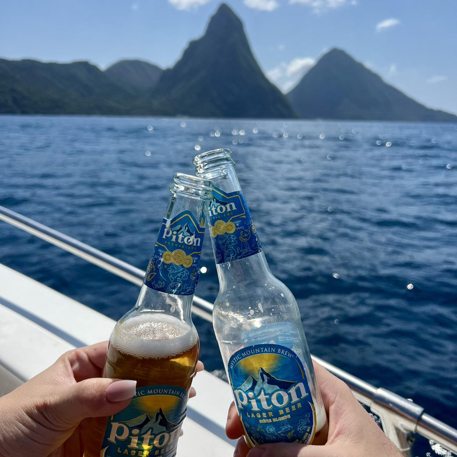 Boat excursion- Drinking some Pitons with a view of the Pitons!