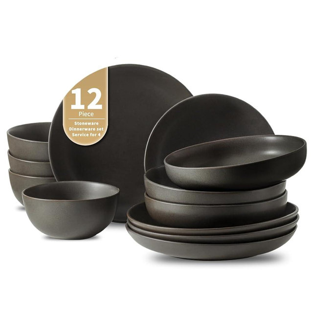 Tikooere Dinnerware Sets, Stoneware Plates and Bowls Sets, Farmhouse 12 Piece Dish Set for 4, Ceramic Plates Set for Kitchen, Scratch Resistant, Dishwasher & Microwave Safe, Matte Black
