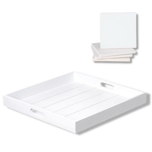 Large Square Serving Tray with Handles, 20" by 20", Serving Tray, Plus 4 Coasters, Large White Ottoman Tray, for picnics, Ottoman, Crafts, Puzzles, Coffee Table, Legos, Holidays, Etc