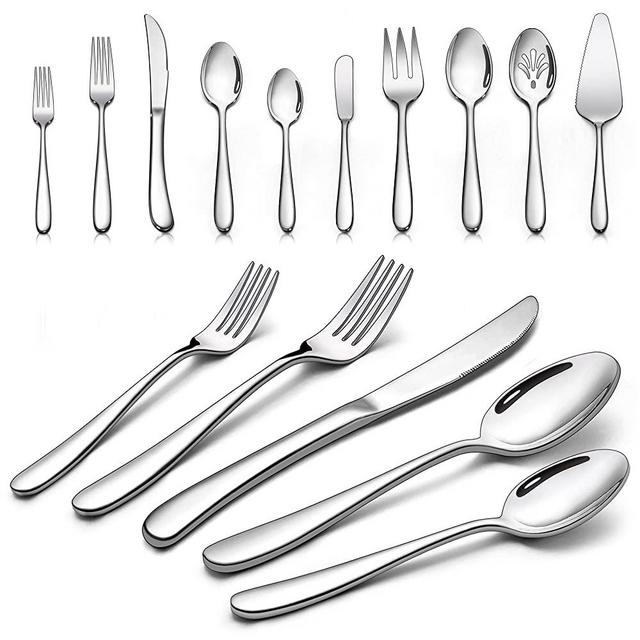 LIANYU 65-Piece Heavy Duty Silverware Set with Serving Utensils, Stainless Steel Flatware Set for 12, Thick Cutlery Eating Utensils Include Fork Knife Spoon, Mirror Finished, Dishwasher Safe