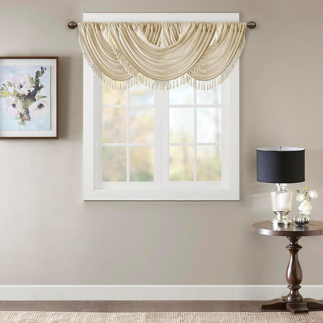 Madison Park Elena Waterfall Embellished Rod Pocket Valance , Faux Silk Valances for Window , 38X46" , Champagne