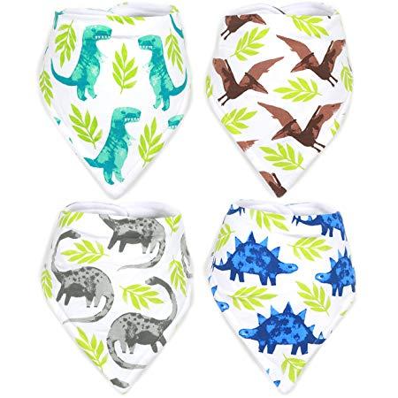 Stadela Baby Adjustable Bandana Drool Bibs for Drooling and Teething Nursery Burp Cloths 4 Pack Baby Shower Gift Set for Boys – Jurassic Adventure with Prehistoric Dinosaur