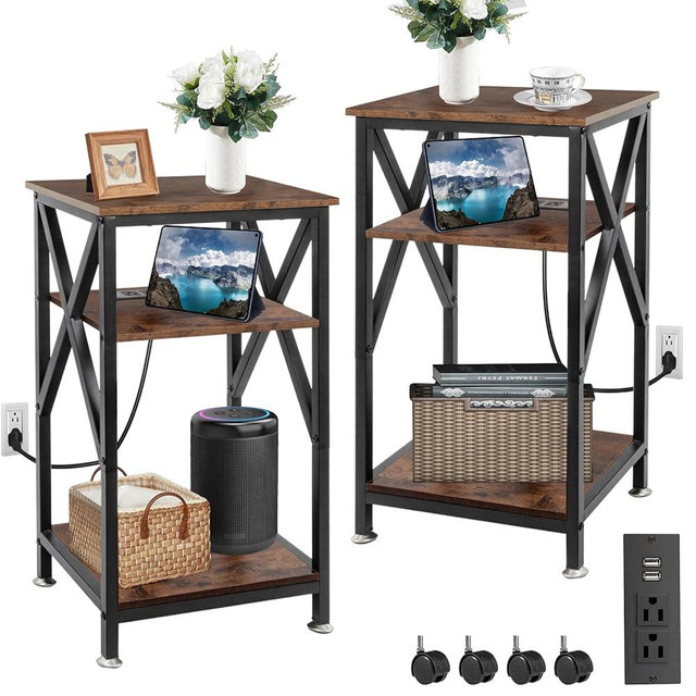 End Table with Charging Station, End Tables Living Room Set of 2 Farmhouse, 12" D x 16" W x 28" H, 28 inch Tall Side Tables, Rustic Wood End Tables, Couch Side Tables Set of 2