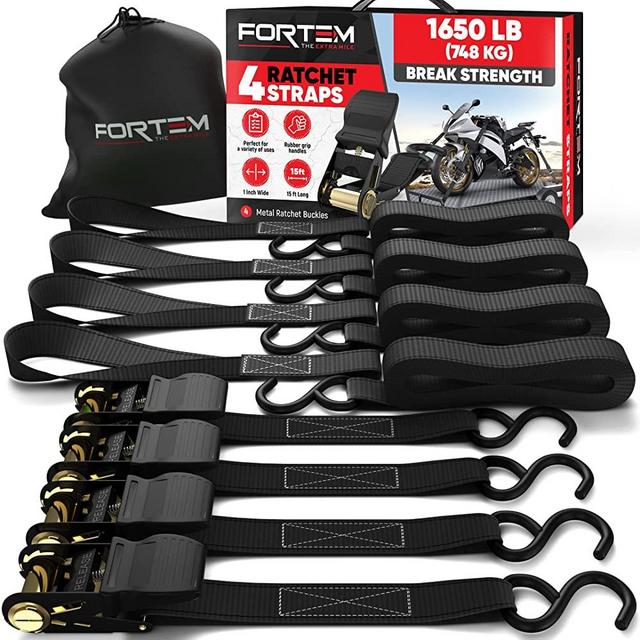 FORTEM Ratchet Straps, 1650lb Break Strength, 4 15ft Tie Down Strap Set, 4 Soft Loops, Motorcycle Straps Tie Downs, Cargo Straps for Trucks, Rubber Handles, Coated Metal Hooks, Carry Bag (Black)
