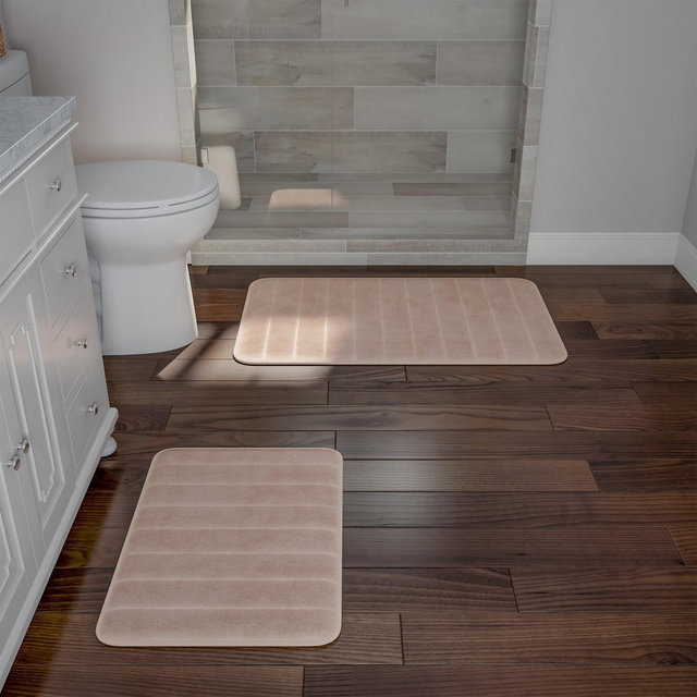 Bathroom Rug Set-2-Piece Memory Foam Bathmats-Striped Microfiber Top-Non-Slip Absorbent Runner for Bathroom or Kitchen by Hastings Home