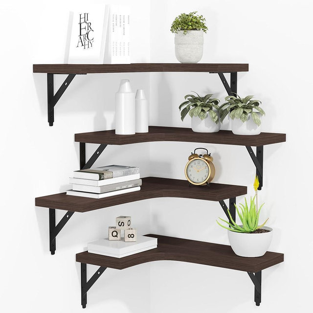 ROMGUAR CRAFT Corner Floating Shelves Wall Mounted Set of 4, Rustic Wood Storage Display Wall Shelves for Home Decor, Bathroom, Kitchen, Bedroom, Living Room, Office (Brown)