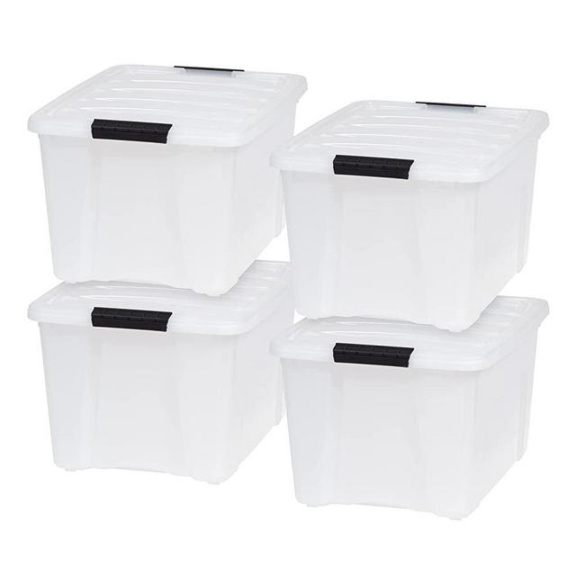 IRIS USA 40 Qt. Plastic Storage Tote, 4 Pack, Pearl, Bin Organizing Container with Durable Lid and Secure Latching Buckles, Pearl & Black