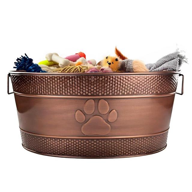 Metal Indestructible Dog Toy Bin - 25-Quart Chew-Proof Storage Bin with Handles, Organizer Storage Basket for Dog Toys, Blankets, Leashes - Pawprint Design Home Decor (Copper)