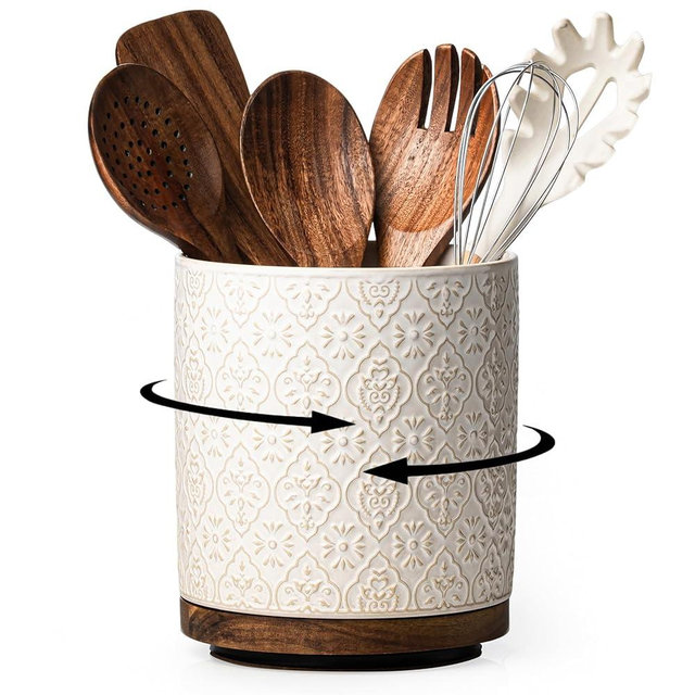 MIKIGEY Kitchen Utensil Holder, 360° Rotating Extra Large Ceramic Utensil Holder with Embossed Pattern, 7.3” Cooking Utensil Crocks for Kitchen Countertop, Home Decor, Off-White