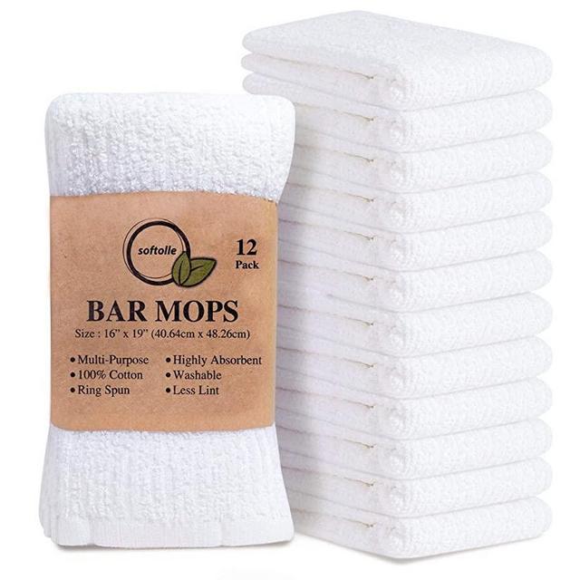 Softolle Kitchen Towels, Pack of 12 Bar Mop Towels -16x19 Inches -100% Cotton White Towels - Super Absorbent Bar Towels, Multi-Purpose for Home, Kitchen and Bar Cleaning