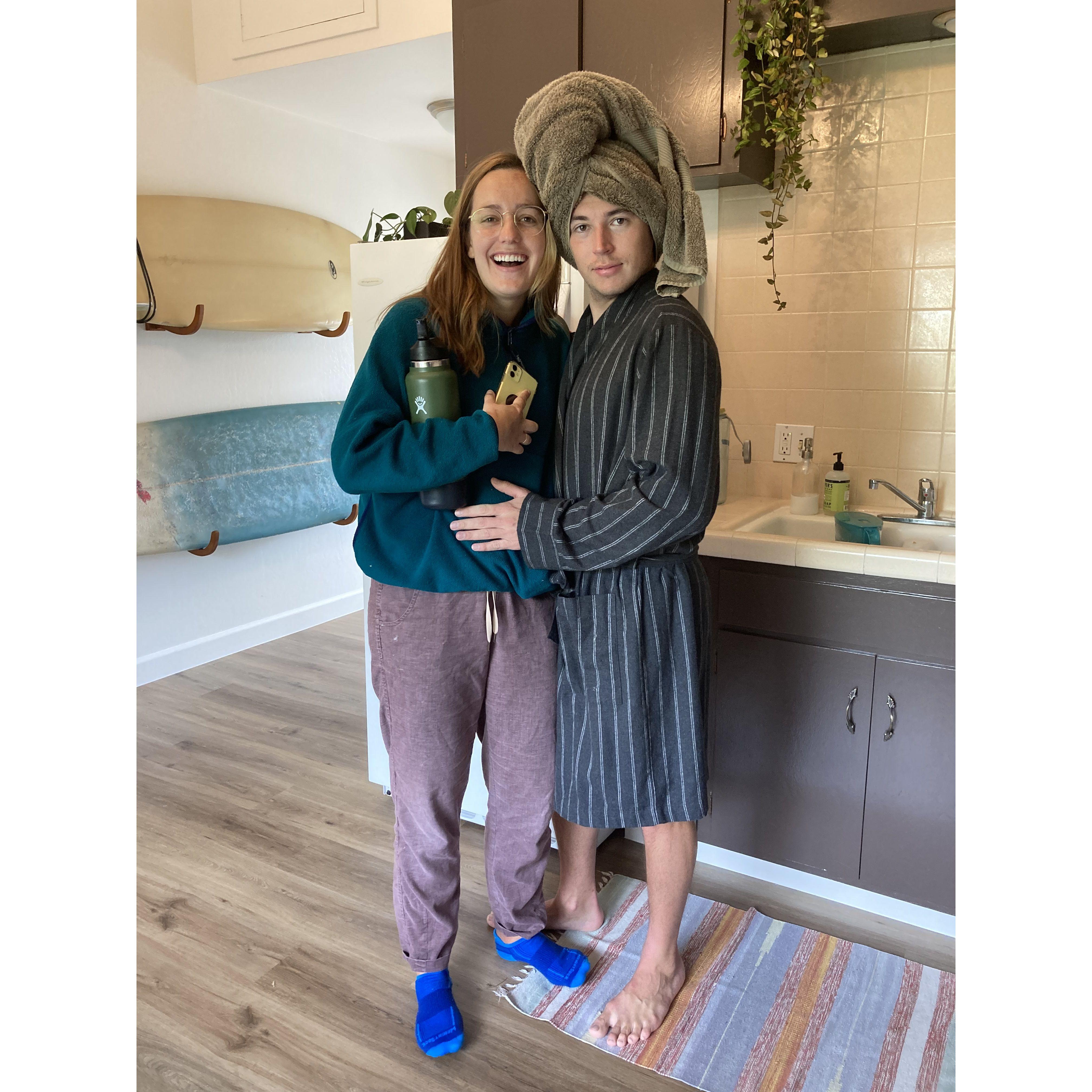 Getting extremely comfortable in our first apartment together in Monterey, summer 2021
