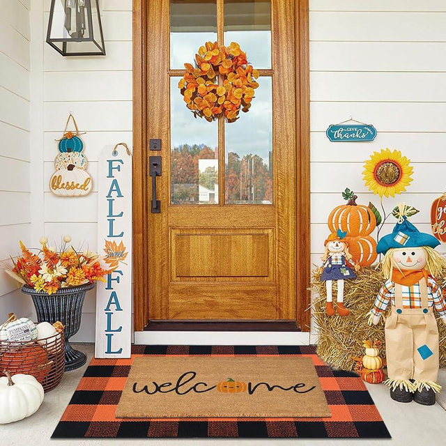 Fall Decor Doormat Combo Set, Welcome Coco Coir Welcome Mat + 28" x 43" Orange and Black Plaid Rug, Autumn Thanksgiving Front Porch Entryway Decor Floor Mat