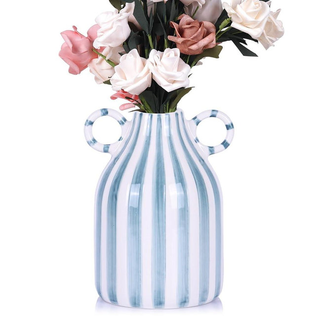 oliruim Ceramic Green and White Striped Vase, Hand-Painted Modern Minimalist Bohemian Decor, Central Dining Table, Kitchen Tabletop, Bookshelf, Bedroom Aesthetic Decoration (White Green)