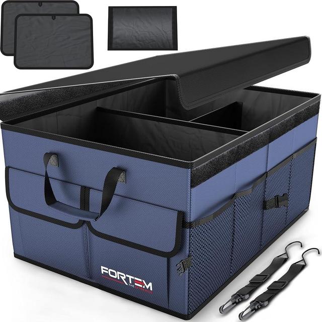 FORTEM Car Storage Organizer, Collapsible Multi Compartment , SUV Trunk Organizer, Non Slip Bottom, Adjustable Securing Straps, Foldable Cover (Blue, Standard Size)