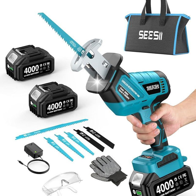SEESII Reciprocating Saw Cordless, Variable Speed 3500 RPM Brushless Motor with 6 Saw Blades, 2 x 4.0Ah Batteries, LED Light, Tool‑Free Blade Change, Portable for Wood PVC Cutting