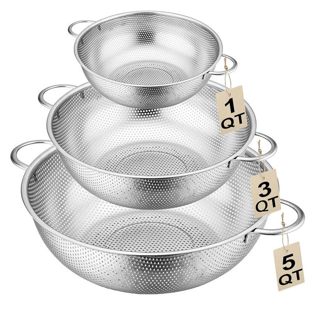 3-Piece Stainless Steel Colander Set with Handles - 5Qt/3Qt/1Qt Nesting Strainers for Pasta, Veggies, Fruit Drainage, Durable Micro-Hole Mesh for Fast Water Flow