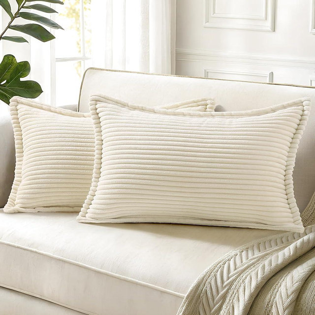 decorUhome Christmas Corduroy Cream White Throw Pillow Covers 12x20 Set of 2 Decorative Soft Boho Farmhouse Lumbar Euro Sham Couch Pillow Covers for Living Room Bed Sofa Broadside Striped Pillow Cases