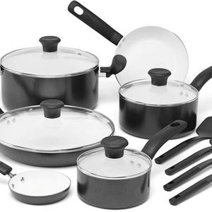 T-fal C996SE Initiatives Nonstick Ceramic Coating PTFE PFOA and Cadmium Free Scratch Resistant Dishwasher Safe Oven Safe Cookware Set, 14-Piece, Black