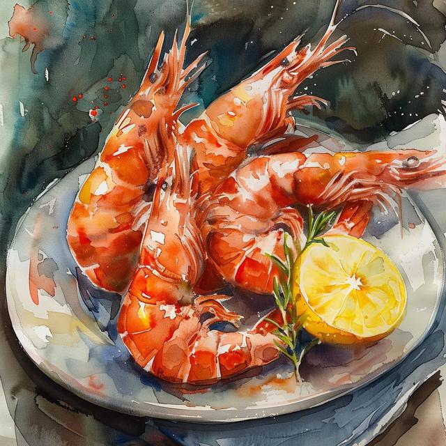 Shrimps Art Lemon Painting Print Shrimp on Plate Wall Art