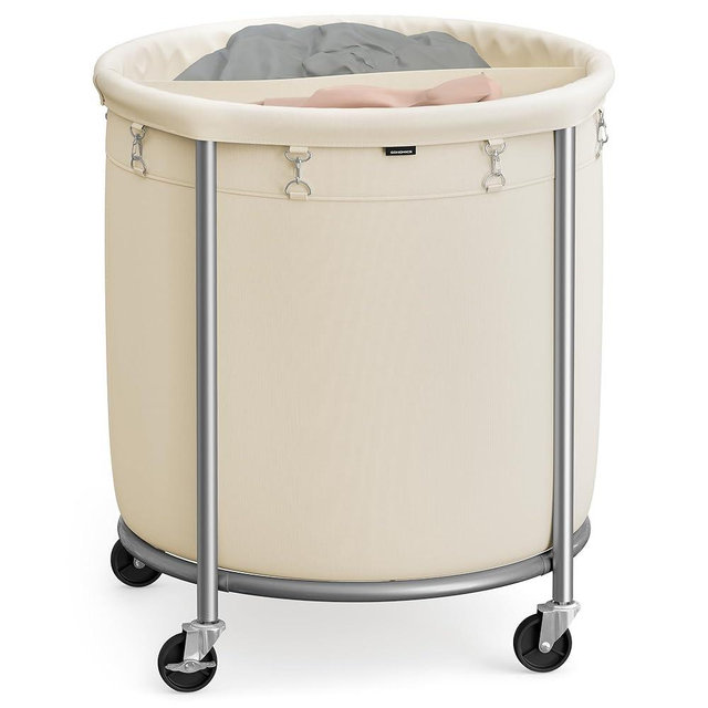 SONGMICS 63.5-Gallon (240 L) Laundry Basket with Wheels, Rolling Round Heavy-Duty Laundry Hamper Cart with Steel Frame and Removable Bag, 2 Locking Wheels, Cream White and Metallic Silver URLS012W01