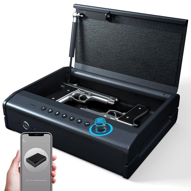 PINEWORLD Gun Safe, Biometric Gun Safes For Handgun, Pistol Safe With Fingerprint or Keypad, 4-Quick Access Unlock Gun Case for Firearm, Gun Lock Box For Nightstand Beside with APP Large Size