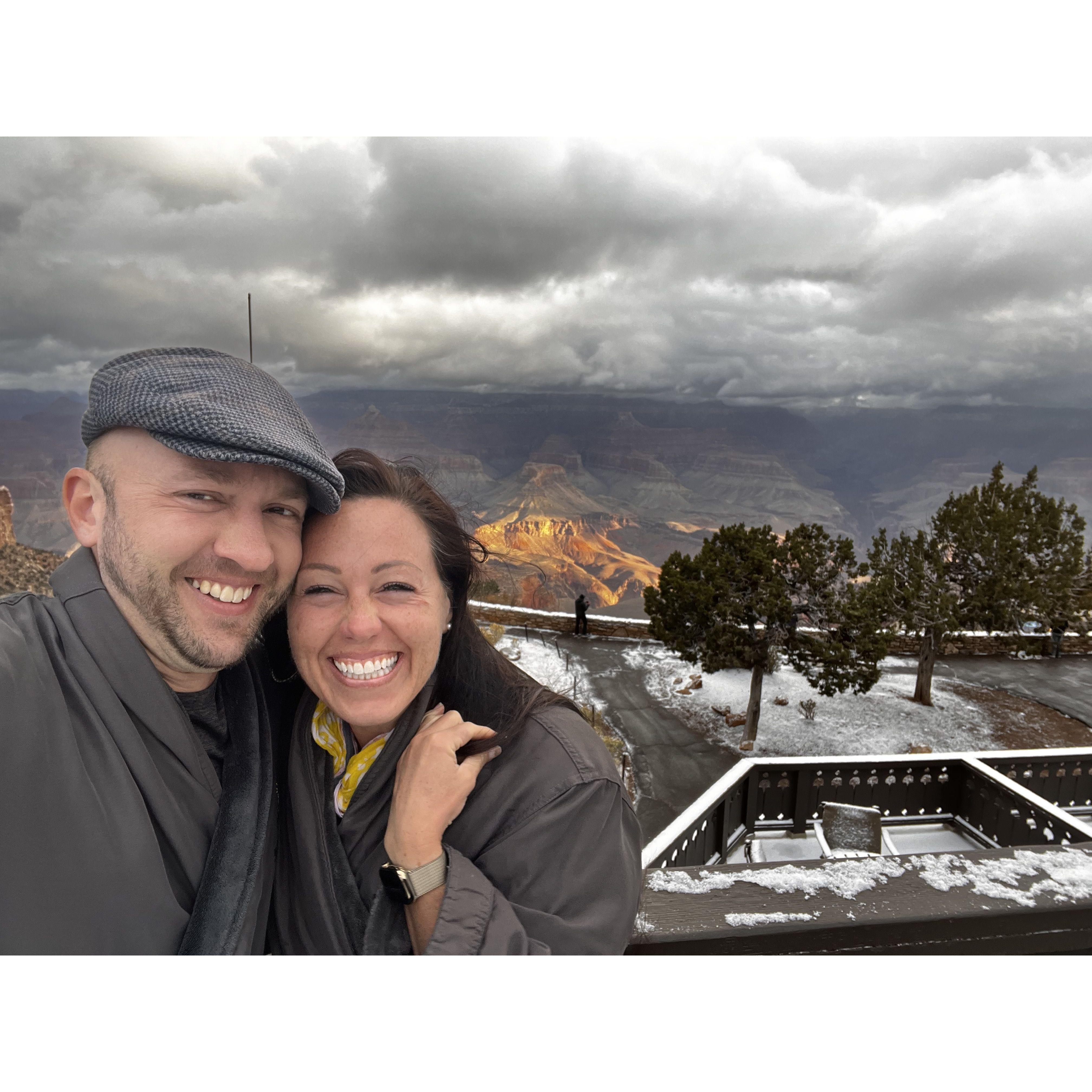 enjoying the windy snowy morning after the down/back Grand Canyon extravaganza the day before
