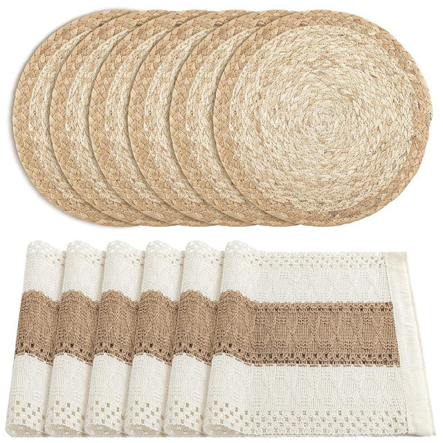 ADRIMER 12 Pcs Placemats, 6 Pcs Natural Cotton Burlap Place Mats and 6 Pcs Rattan Wicker Braided Table Mats, Farmhouse Style Table Placemats for Dining Table Centerpiece Home Decor