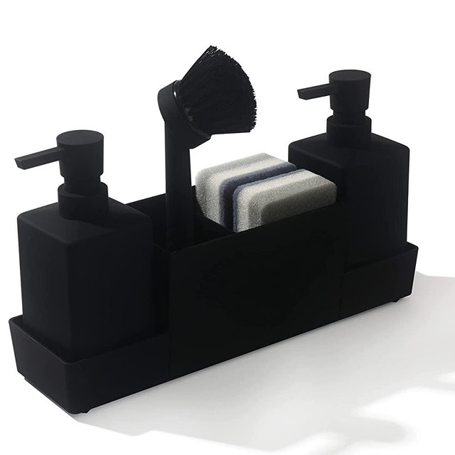 Kitchen Soap Dispenser with Sponge Holder Set for Sink Caddy (Double soap dispensers and 1 Brush) Matte Black