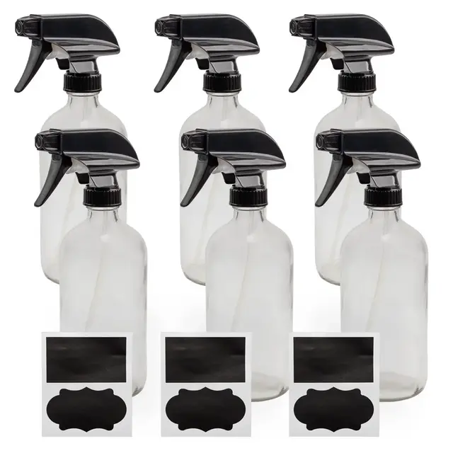 Cornucopia Brands 16oz Clear Glass Spray Bottles, 6pk; 3-Setting Spray Tops and Chalk Labels