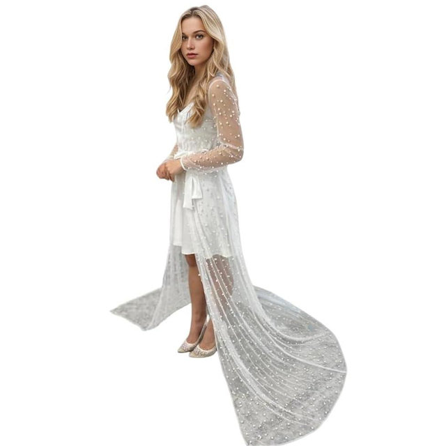 ruthyuexin Pearl Long Sleeve Wedding Jacket Tulle Party Shawl BOLERO Floor-Length Bridal Cape Sexy pearl robe