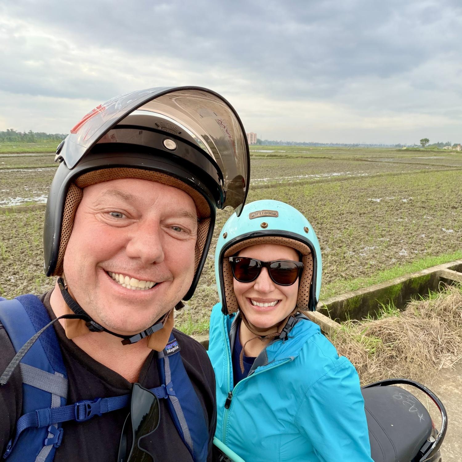 biking through rice fields