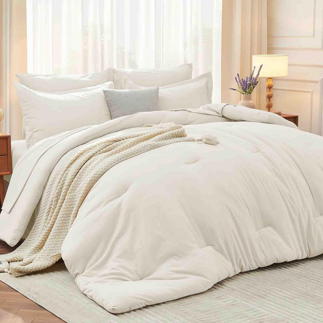 BAGOKIE 7 Pieces Bed in a Bag King Size Comforter Set for All Season, Ivory