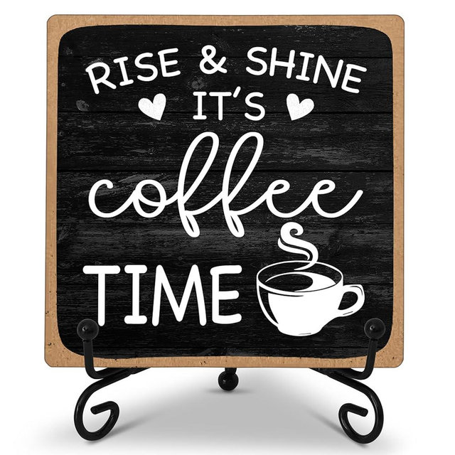 Farmhouse Coffee Bar Sign, Rise & Shine It's Coffee Time, 4"x4" Wood Plaque with Stand Gift for Home Kitchen Tabletop Decor -B09