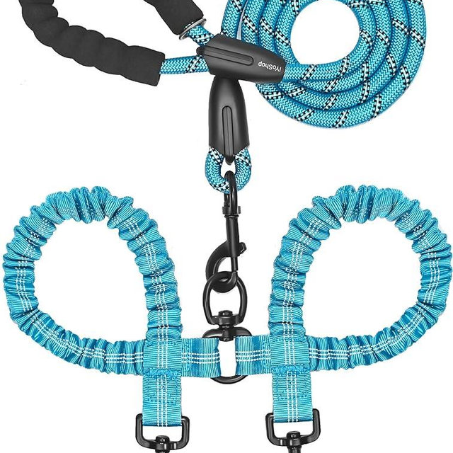 iYoShop Dual Dog Leash, Double 360 Swivel No Tangle Walking Leash, Shock Absorbing Bungee for Two Dogs, Blue, Large (25-150 lbs)
