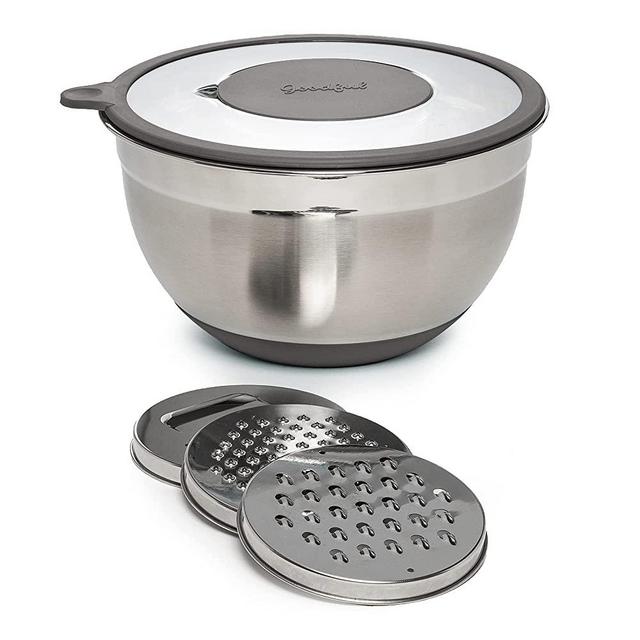 GOODFUL Stainless Steel Mixing Bowl with Non-Slip Bottom, Lid and 3 Interchangeable Grater Inserts (Fine, Coarse, Slicing), 5 Quart, Charcoal Gray