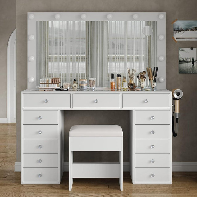FUSOU 13 Drawers Vanity Desk, 47''W Makeup Vanity with Power Outlet, Vanity Table with Mirror and 12 LED Bulbs, 3 Color Lighting Modes, Glass Top, Dressing Table for Bedroom (White)