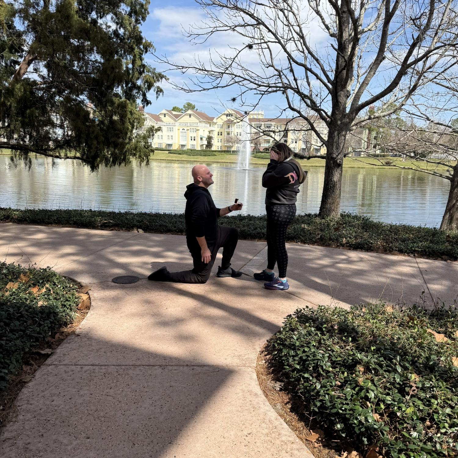 Steve surprising Alexa right from the airport while Alexa had been in comfortable clothes working for the morning. 

Fun fact: Saratoga Springs was the first resort we stayed at together!