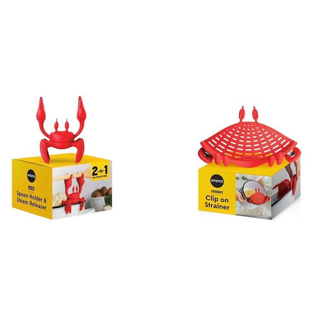 OTOTO Red Crab 2-in-1 Spoon Holder and Steam Releaser, Crabby Clip-On Strainer, Red Crab Pasta Strainer, Silicone, Small