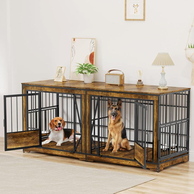86 in Double Dog Crate Furniture for 2 Dogs, Extra Large Dog Cage with Adjustable Divider, Heavy Duty Dog Kennel Indoor with 4 Bowls, XXL Dog Crate Wooden TV Stand End Table for Large Breed, Brown