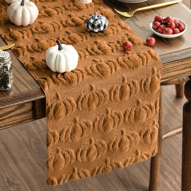 Artoid Mode Caramel Soft Plush Faux Fur Jacquard Pumpkins Fall Table Runner, Seasonal Autumn Kitchen Dining Table Decoration for Home Party Decor 13x120 Inch