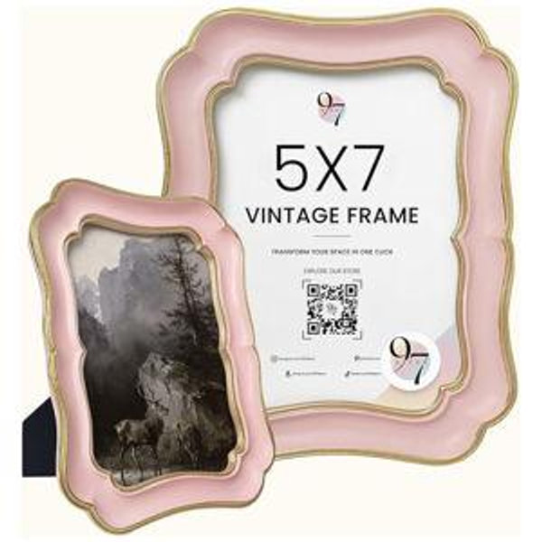 97 Decor Gold Pink Picture Frame 5x7 - Cute Pink Vintage Frame 5x7 For Tabletop And Wall Hanging, Decorative Pretty 5 By 7 Frame For Home, Bedroom, Retro Girly Wall Decor
