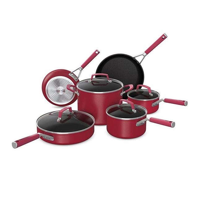 Ninja C29500 10-Piece Cookware Set Foodi NeverStick Vivid, Nonstick, Oven Safe to 400°F, Cool-Touch Handles, Crimson Red