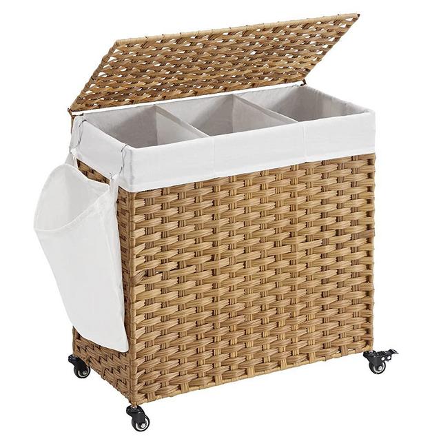 SONGMICS Laundry Hamper, Handwoven Laundry Basket, 140L Rattan Style with 3 Compartments, Removable Liner, Handles, Lid, for Living Room, Bathroom, 26 x 13 x 23.6 Inches, Natural ULCB363N01