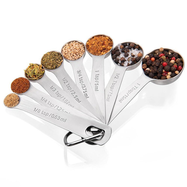 Doosu Measuring Spoons Set of 8-18/8 Stainless Steel Heavy Duty Teaspoons Tablespoons with Engraved Metric & US Measurements, Metal Measure Spoon for Dry and Liquid Ingredients, Dishwasher Safe