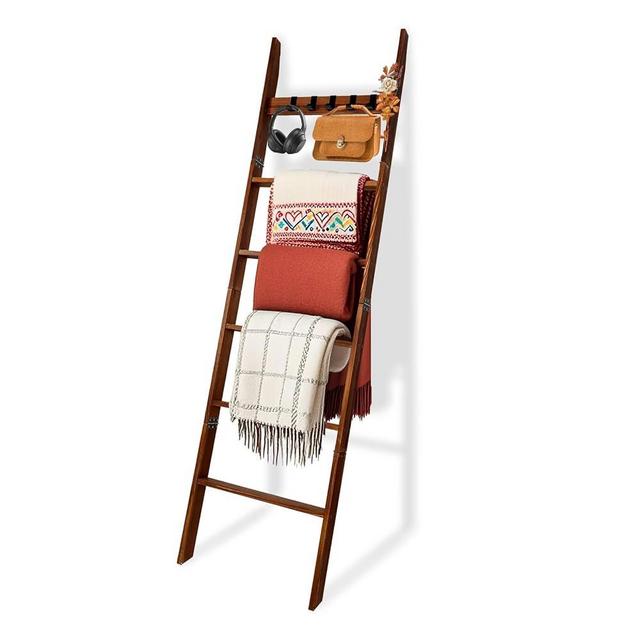 Wooden Blanket Ladder with Removable Hooks, 6-Tier 5.66 Ft (68 Inch) Rustic Blanket Rack, Blanket Ladders for Living Room & Bedroom, Easy Assembly, Perfect for Displaying Blankets & Scarves, Brown
