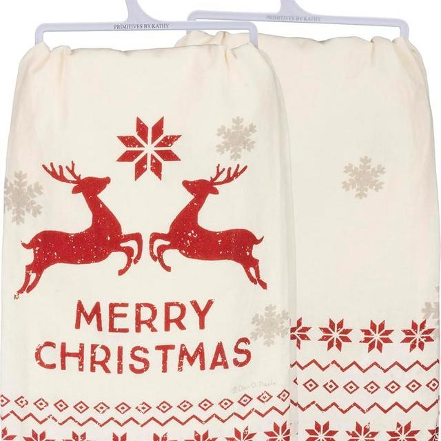 Primitives by Kathy Decorative Kitchen Towel - Merry Christmas Nordic Inspired Reindeer Design