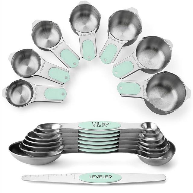 Spring Chef Magnetic Measuring Cups and Spoons Set with Strong N45 Magnets, Heavy Duty Stainless Steel, Fits in Most Kitchen Spice Jars for Baking & Cooking, BPA Free, Set of 15 with Leveler, Mint