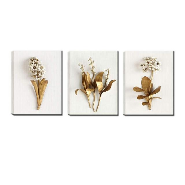 Woman Girl Room Wall Art Morden Gold Leaves Flower Wall Art 3D Floral Picture Art Prints Mininalist Flower Artwork Bathroom Office Bedroom Decor
