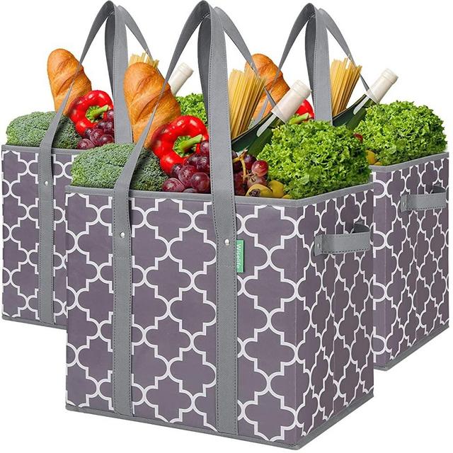 WiseLife 3-Pack Reusable Grocery Bags Foldable Washable Storage Bins Basket Water Resistant Shopping Utility Tote Bag Grey