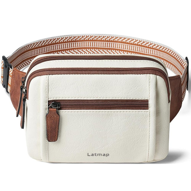 LATMAP 3L TRIPLE ZIP Fanny Packs Belt Bag For Women Men Crossbody Waist Pack Sling Chest Bum Travel Bag Purse Faux Leather Fashion Cute Beige